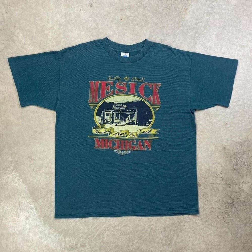 Vintage 90s Mesick Michigan Shirt Size XL Green Striped Nature